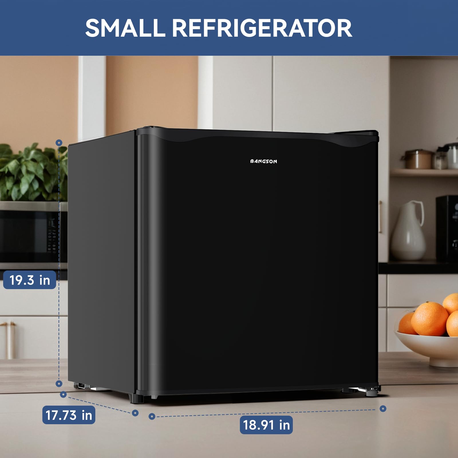 BANGSON 1.7 Cu.Ft Mini Fridge with Freezer for Dorm, Compact Refrigerator Office, Energy Saving Small Fridge Reversible Single Door, Low Noise for Bedroom Small Apartment, Black