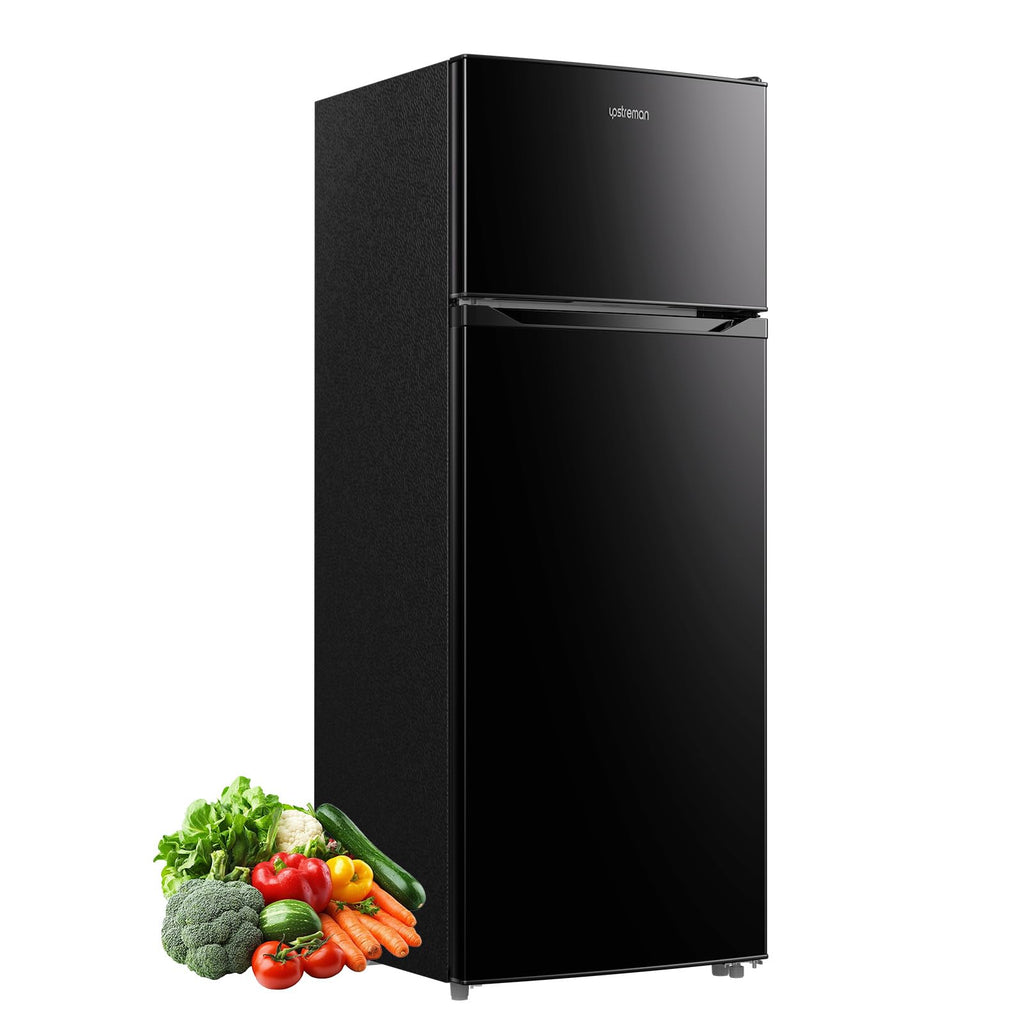 Upstreman 7.7 Cu.Ft. Refrigerator with Freezer, Double Door Fridge, Adjustable Thermostat, Large Capacity, Reversible Door Swing, Refrigerator for Apartment, Office, Dorm, Black（BD75）