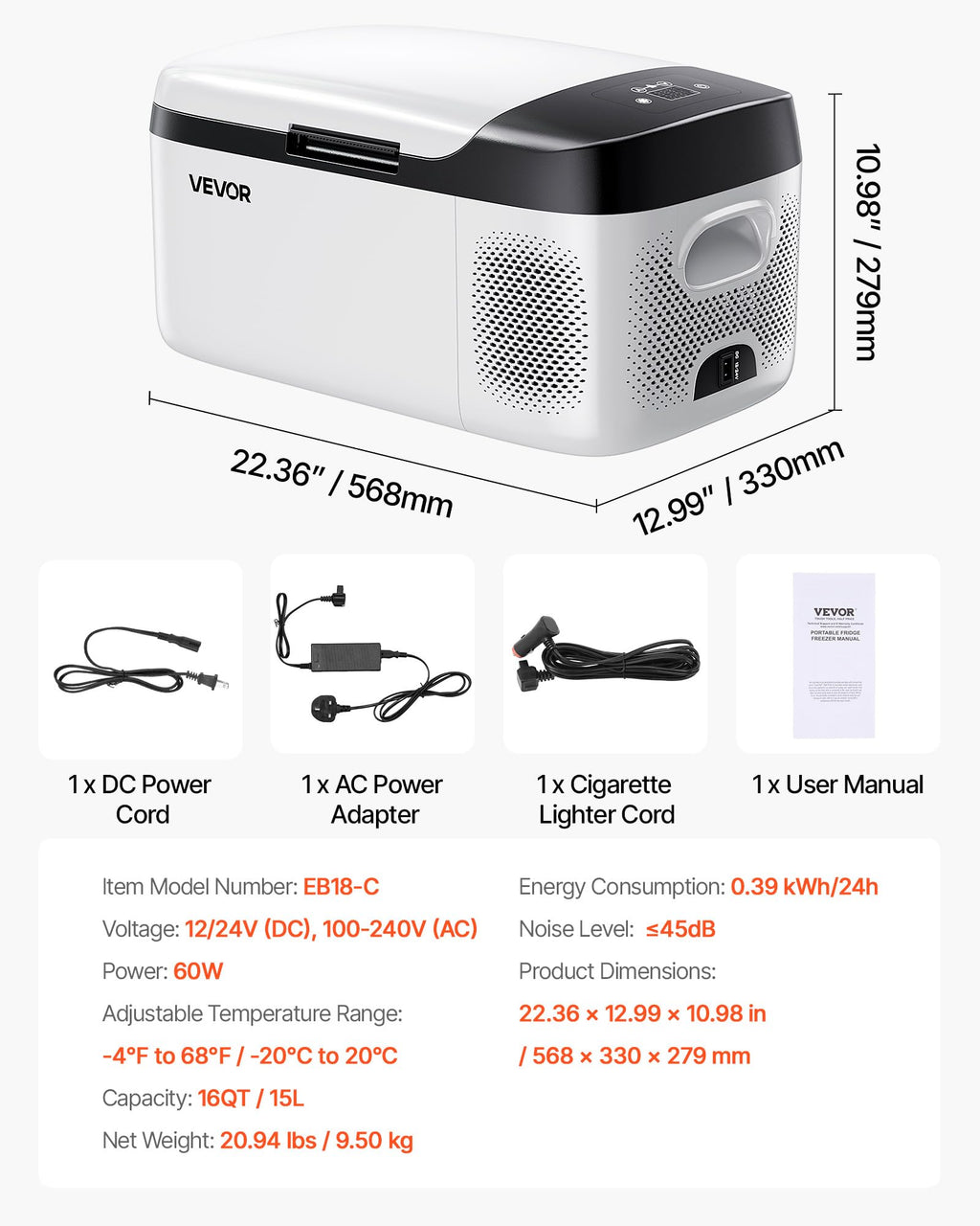 VEVOR Car Refrigerator, DC 12/24V AC100-240V Compressor Electric Cooler, -4°F to 68°F Car Fridge with APP Control, 16 QT Cars Freezer for RVs, Campsites, Boats, Camping, Fishing, 60W Portable Freezer