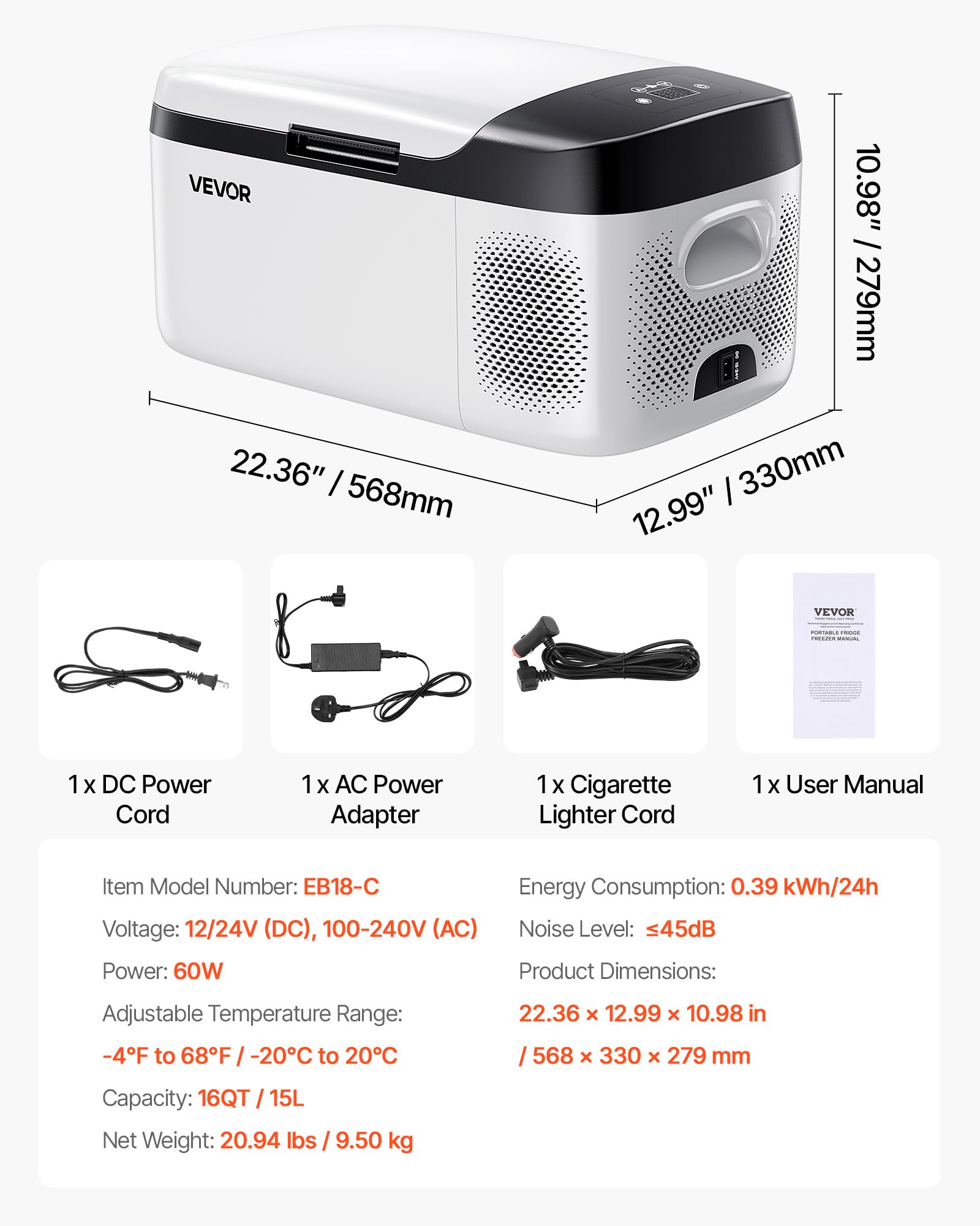 VEVOR Car Refrigerator, DC 12/24V AC100-240V Compressor Electric Cooler, -4°F to 68°F Car Fridge with APP Control, 16 QT Cars Freezer for RVs, Campsites, Boats, Camping, Fishing, 60W Portable Freezer