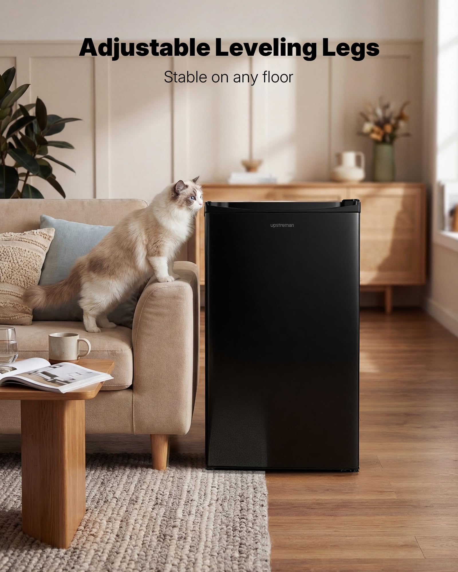 Upstreman 3.2 Cu.Ft Mini Fridge with Freezer, Quiet Efficient Small Fridge, Compact Refrigerator with Adjustable Thermostat, for Dorm, Bedroom, Office, Black-BR321