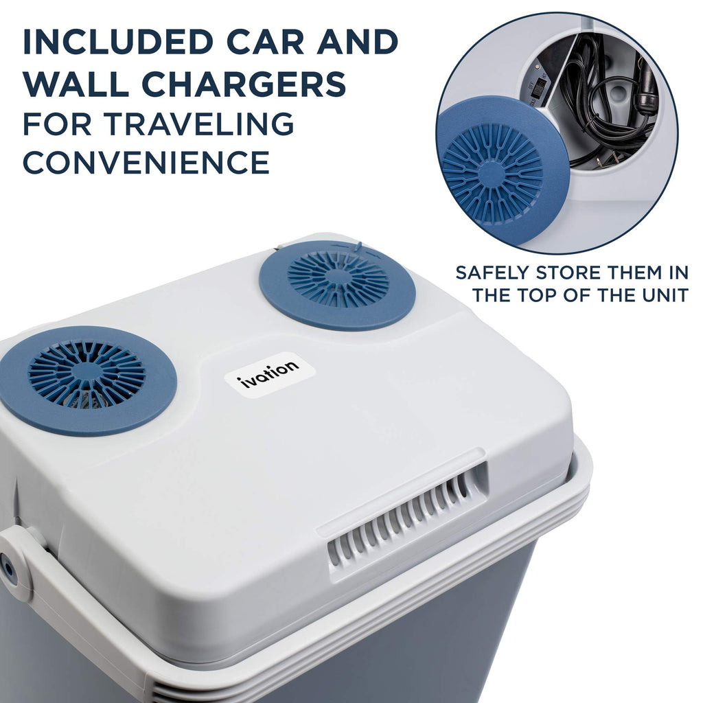 Ivation Electric Cooler & Warmer with Handle |27 Quart (25 L) Portable Thermoelectric Fridge For vehicles & Trucks| 110V AC Home Power Cord & 12V Car Adapter for Camping, Travel & Picnics