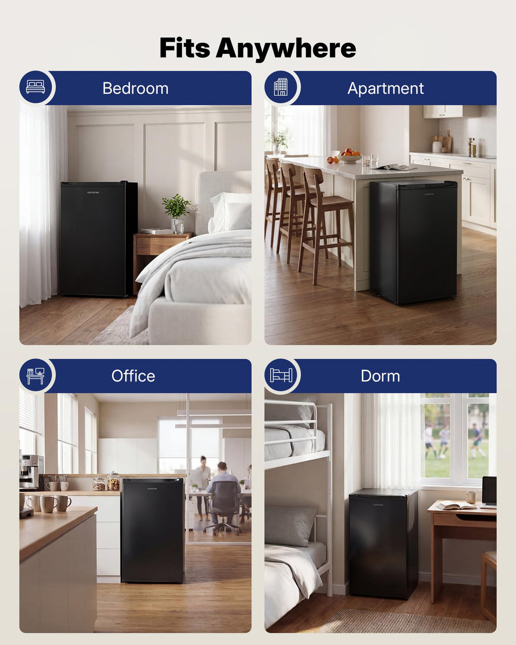 Upstreman 3.2 Cu.Ft Mini Fridge with Freezer, Quiet Efficient Small Fridge, Compact Refrigerator with Adjustable Thermostat, for Dorm, Bedroom, Office, Black-BR321