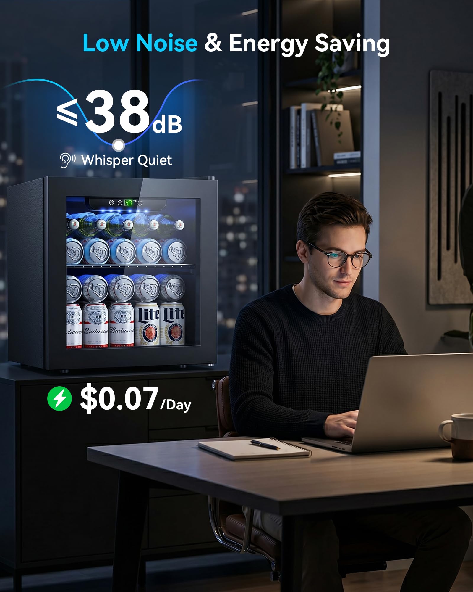 Feelfunn 50 Can Beverage Refrigerator Cooler - 1.3 Cu.Ft Mini Fridge with Glass Door, Soda Beer Drink Wine Fridge, Countertop Small Refrigerator for Bedroom Office Home Dorm Bar, Black
