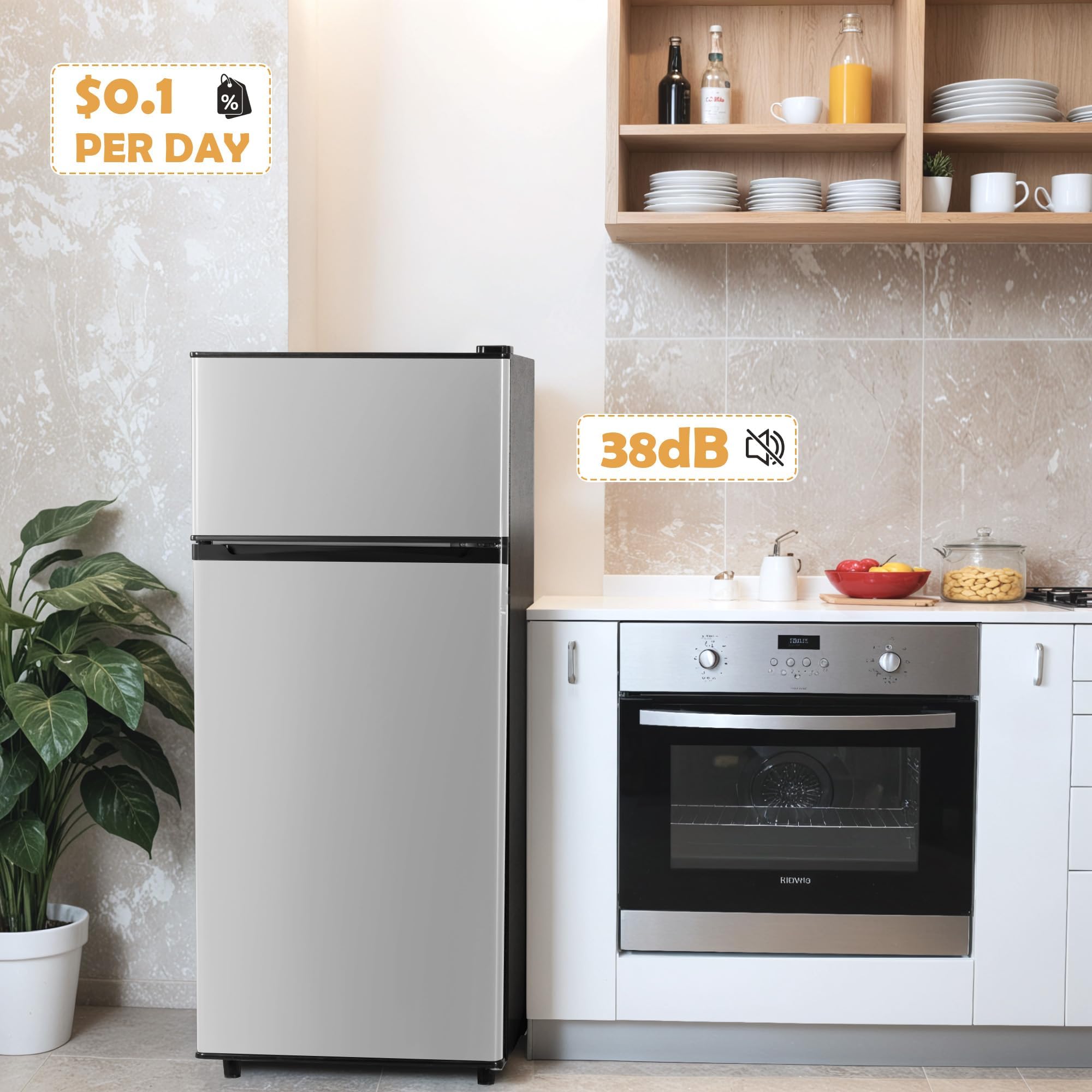 Manastin 4.5 Cu.Ft Mini Fridge with Freezer, 2-Door Small Fridge with 7-Level Thermostat & Shelves, Quiet Mini Refrigerator for Kitchen, Office & Dorm (Silver)