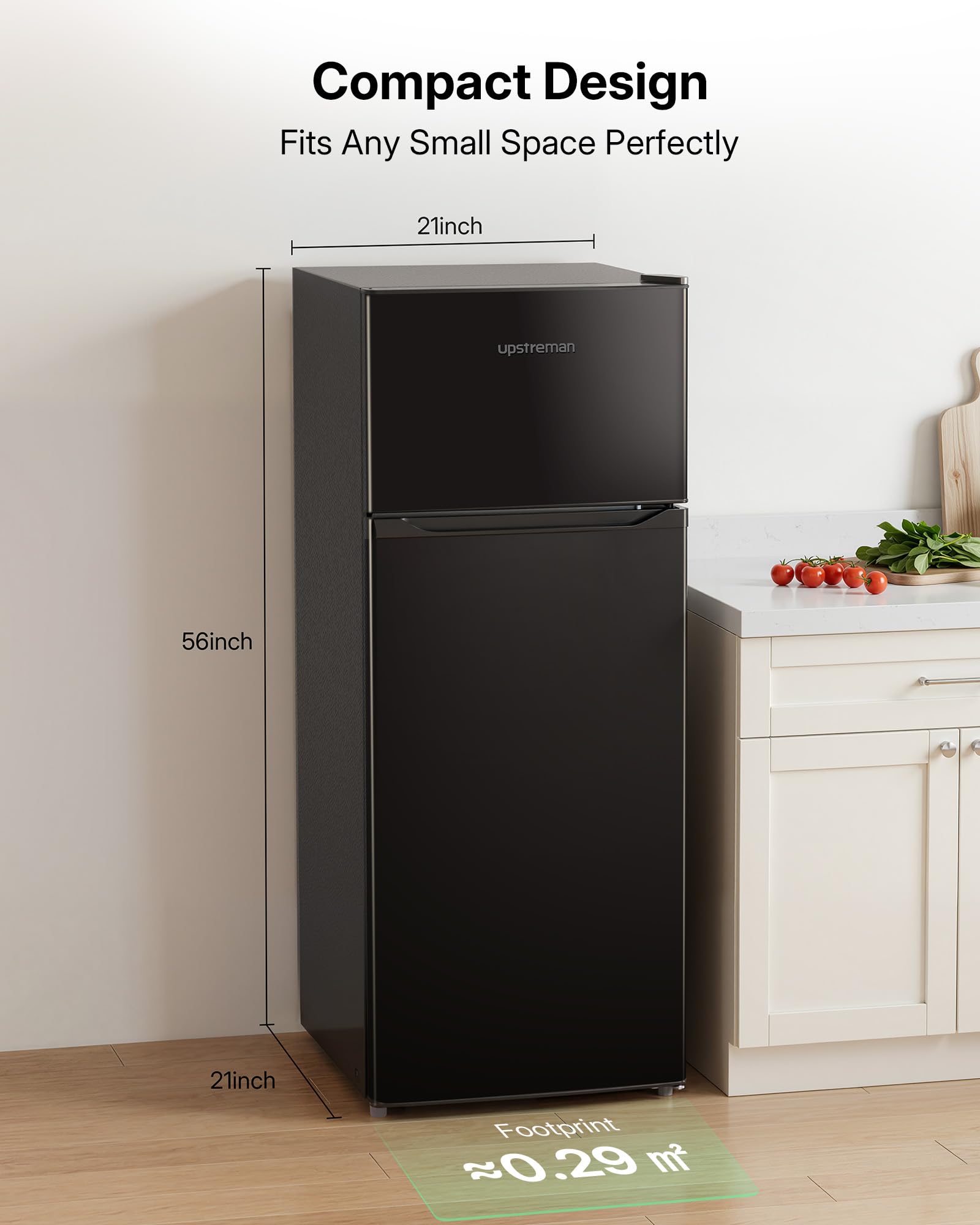 Upstreman 7.7 Cu.Ft. Refrigerator with Freezer, Double Door Fridge, Adjustable Thermostat, Large Capacity, Reversible Door Swing, Refrigerator for Apartment, Office, Dorm, Black（BD75）