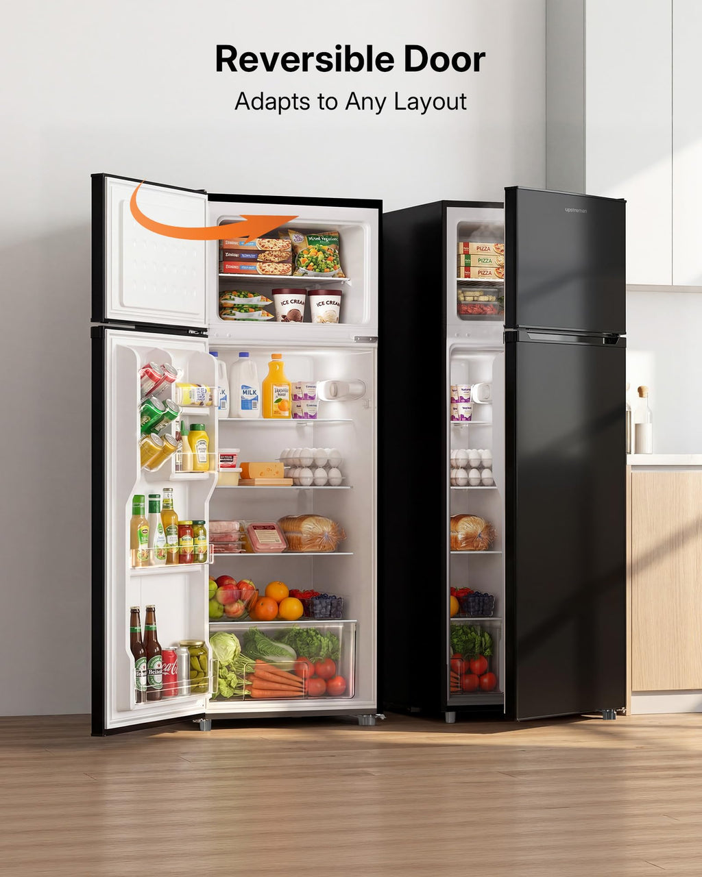 Upstreman 7.7 Cu.Ft. Refrigerator with Freezer, Double Door Fridge, Adjustable Thermostat, Large Capacity, Reversible Door Swing, Refrigerator for Apartment, Office, Dorm, Black（BD75）