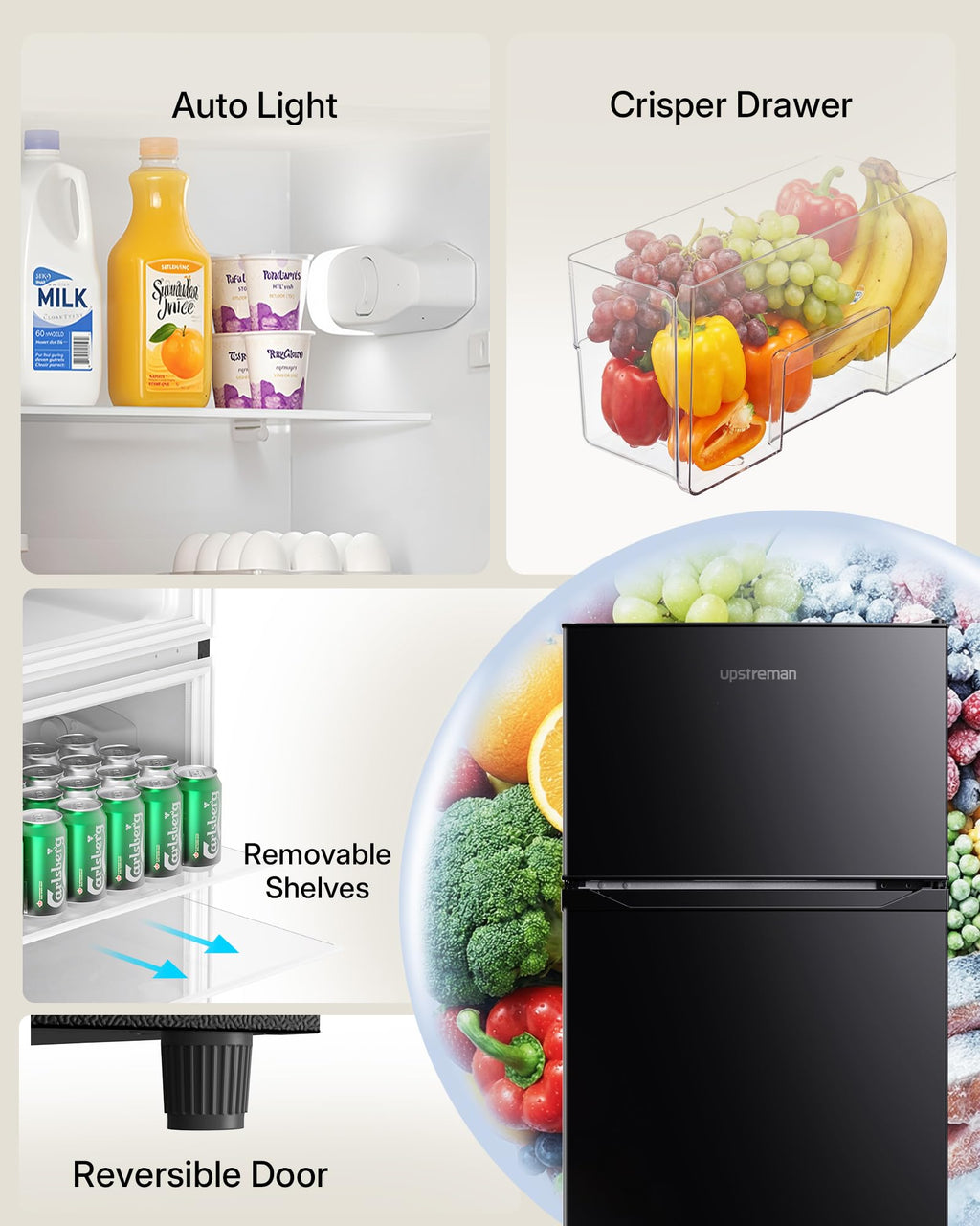 Upstreman 7.7 Cu.Ft. Refrigerator with Freezer, Double Door Fridge, Adjustable Thermostat, Large Capacity, Reversible Door Swing, Refrigerator for Apartment, Office, Dorm, Black（BD75）