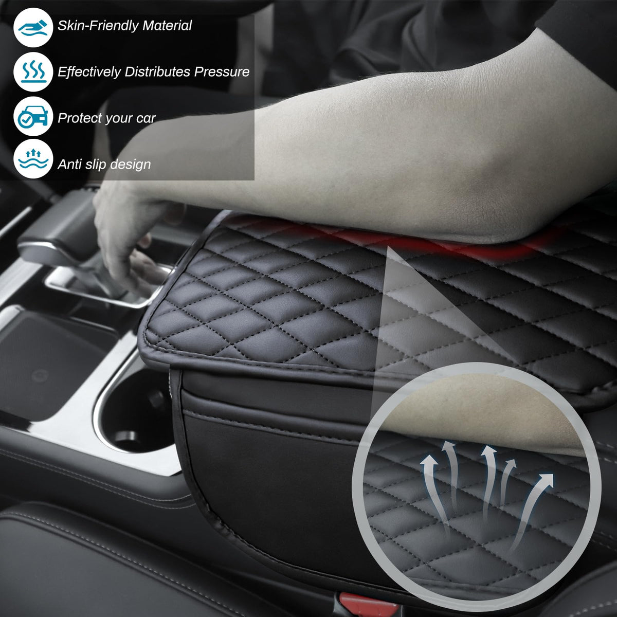 Ouzorp Car Center Console Cover, Upgraded Microfiber Leather Car Arm Rest Cover with 2 Storage Bags, Universal Armrest Cover for Car Storage Box Car Interior Accessories Protector for Most Vehicle