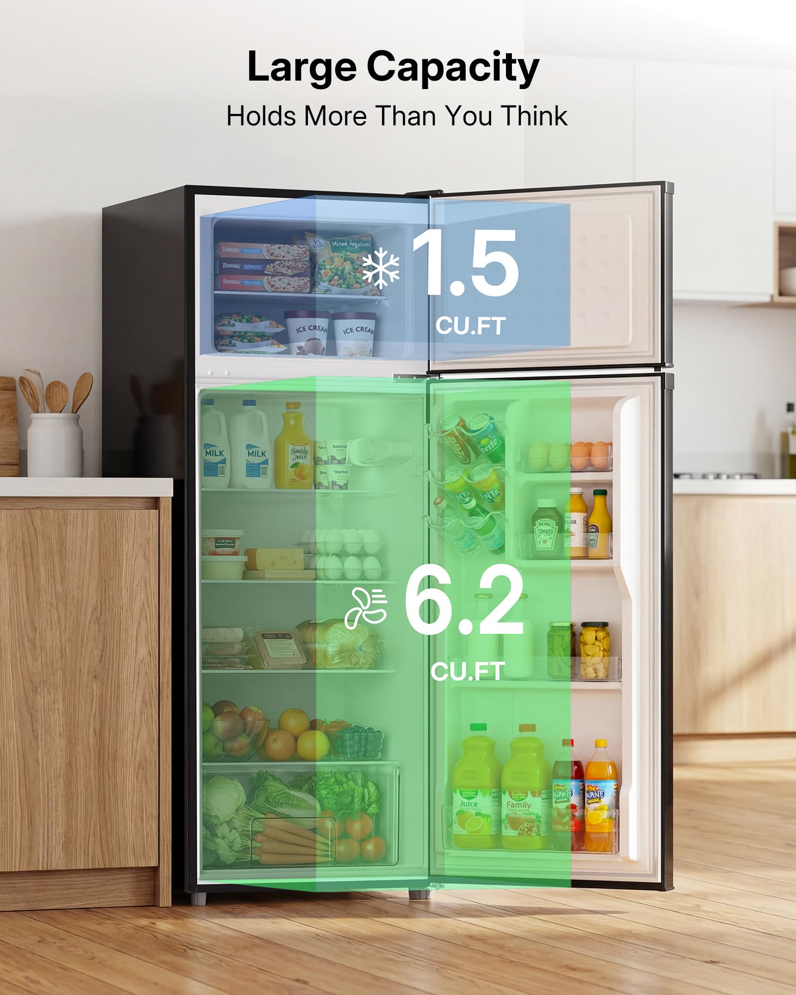 Upstreman 7.7 Cu.Ft. Refrigerator with Freezer, Double Door Fridge, Adjustable Thermostat, Large Capacity, Reversible Door Swing, Refrigerator for Apartment, Office, Dorm, Black（BD75）