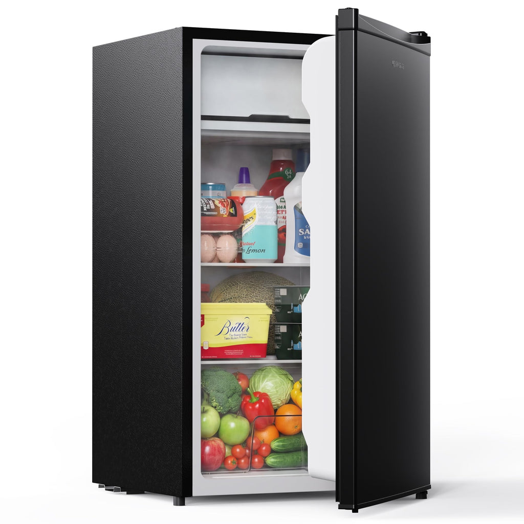 Upstreman 3.2 Cu.Ft Mini Fridge with Freezer, Quiet Efficient Small Fridge, Compact Refrigerator with Adjustable Thermostat, for Dorm, Bedroom, Office, Black-BR321