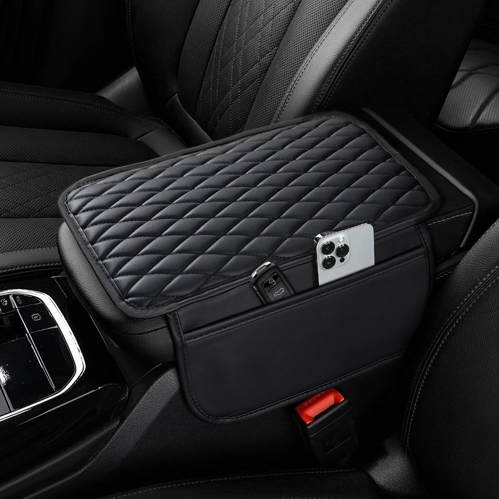 Ouzorp Car Center Console Cover, Upgraded Microfiber Leather Car Arm Rest Cover with 2 Storage Bags, Universal Armrest Cover for Car Storage Box Car Interior Accessories Protector for Most Vehicle