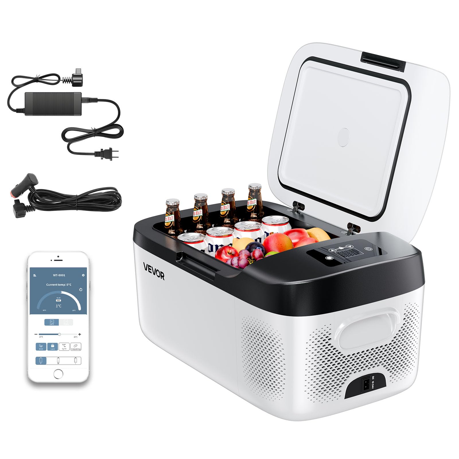 VEVOR Car Refrigerator, DC 12/24V AC100-240V Compressor Electric Cooler, -4°F to 68°F Car Fridge with APP Control, 16 QT Cars Freezer for RVs, Campsites, Boats, Camping, Fishing, 60W Portable Freezer