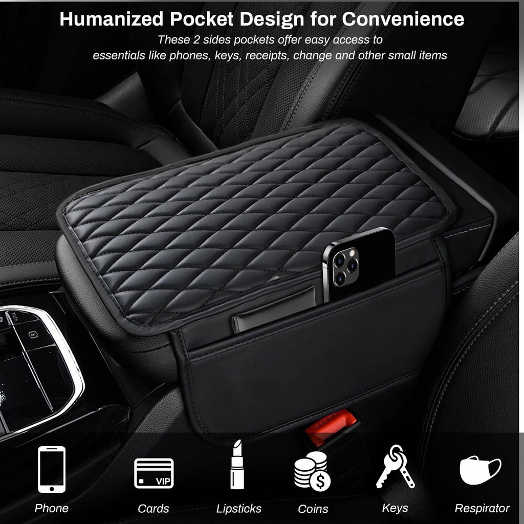 Ouzorp Car Center Console Cover, Upgraded Microfiber Leather Car Arm Rest Cover with 2 Storage Bags, Universal Armrest Cover for Car Storage Box Car Interior Accessories Protector for Most Vehicle