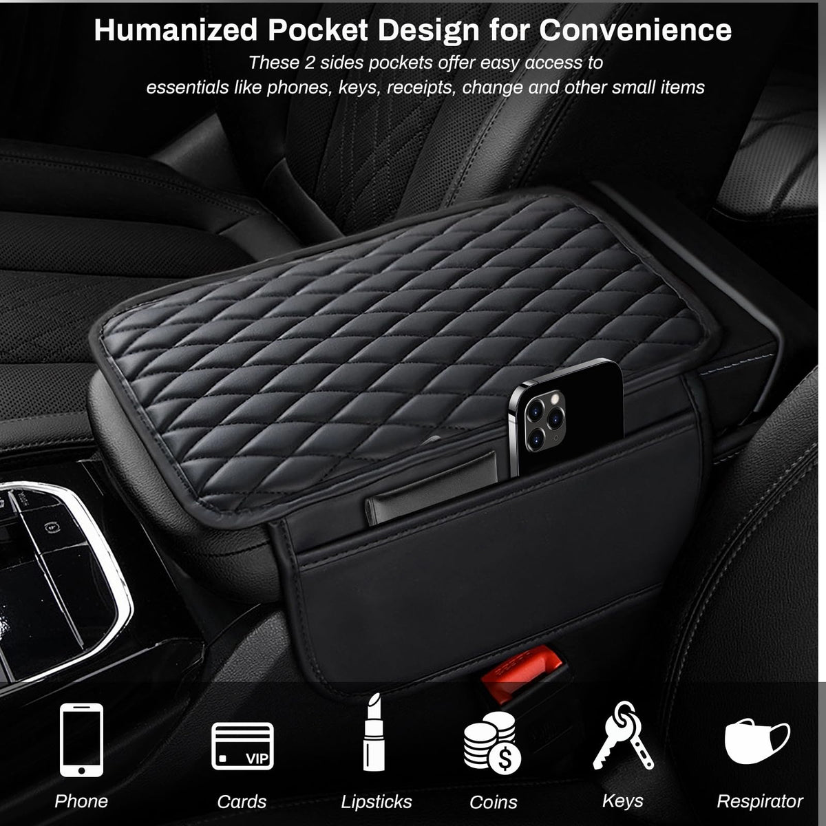 Ouzorp Car Center Console Cover, Upgraded Microfiber Leather Car Arm Rest Cover with 2 Storage Bags, Universal Armrest Cover for Car Storage Box Car Interior Accessories Protector for Most Vehicle