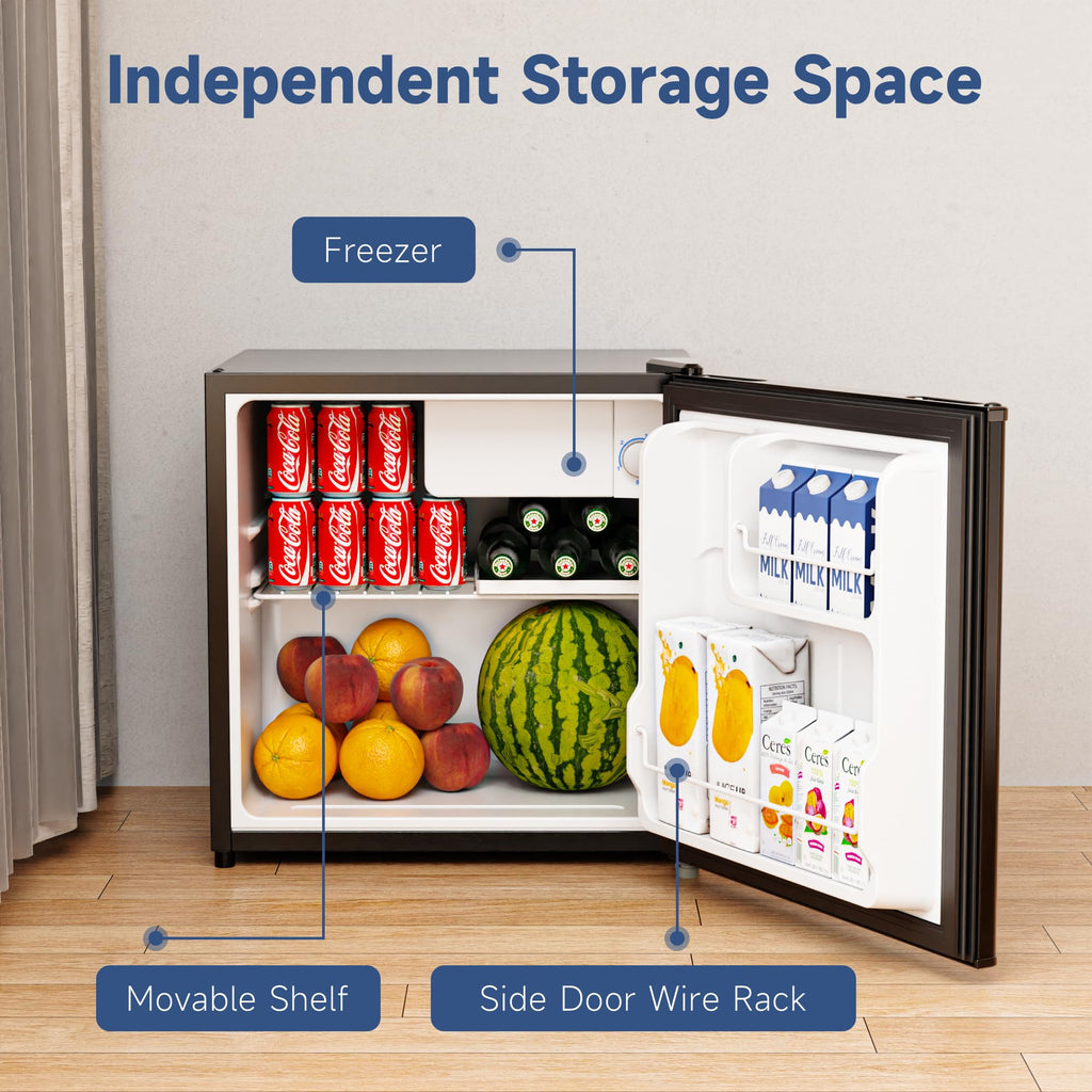 BANGSON 1.7 Cu.Ft Mini Fridge with Freezer for Dorm, Compact Refrigerator Office, Energy Saving Small Fridge Reversible Single Door, Low Noise for Bedroom Small Apartment, Black