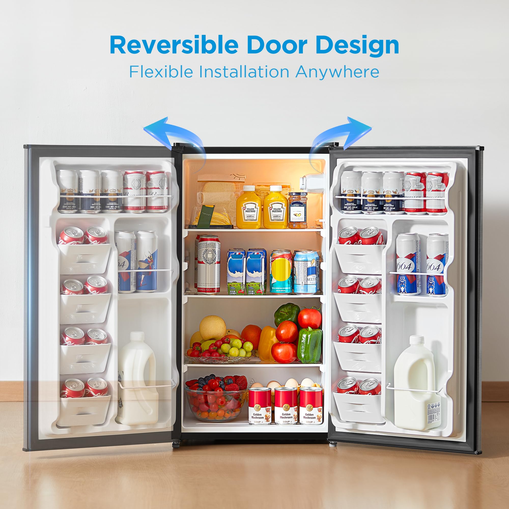 Midea MERM33S1AST Mini Fridge, 3.3 Cu.ft Compact Fridge with Internal Light, Adjustable Thermostat, Reversible Door, Low Noise for Dorm, Office, Bedroom, Stainless Steel
