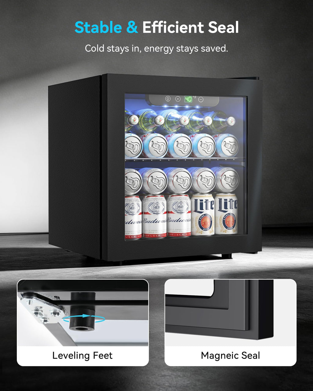Feelfunn 50 Can Beverage Refrigerator Cooler - 1.3 Cu.Ft Mini Fridge with Glass Door, Soda Beer Drink Wine Fridge, Countertop Small Refrigerator for Bedroom Office Home Dorm Bar, Black