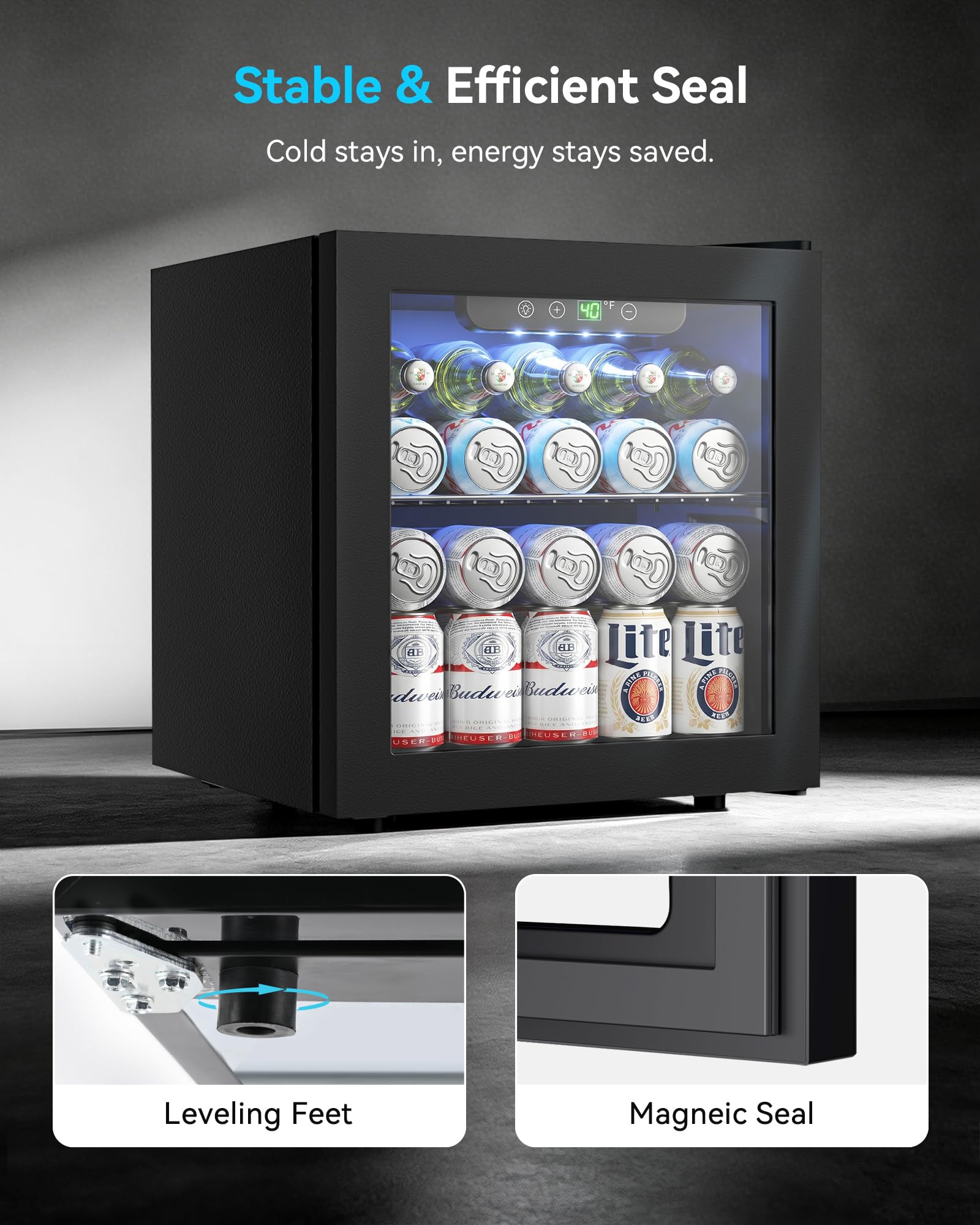 Feelfunn 50 Can Beverage Refrigerator Cooler - 1.3 Cu.Ft Mini Fridge with Glass Door, Soda Beer Drink Wine Fridge, Countertop Small Refrigerator for Bedroom Office Home Dorm Bar, Black