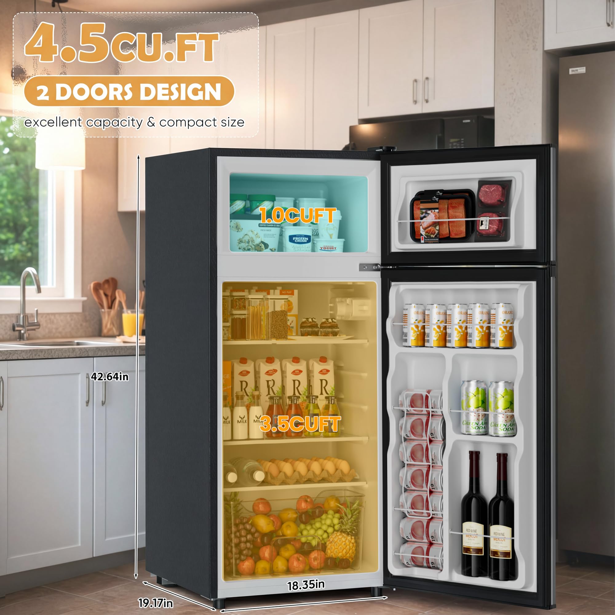 Manastin 4.5 Cu.Ft Mini Fridge with Freezer, 2-Door Small Fridge with 7-Level Thermostat & Shelves, Quiet Mini Refrigerator for Kitchen, Office & Dorm (Silver)
