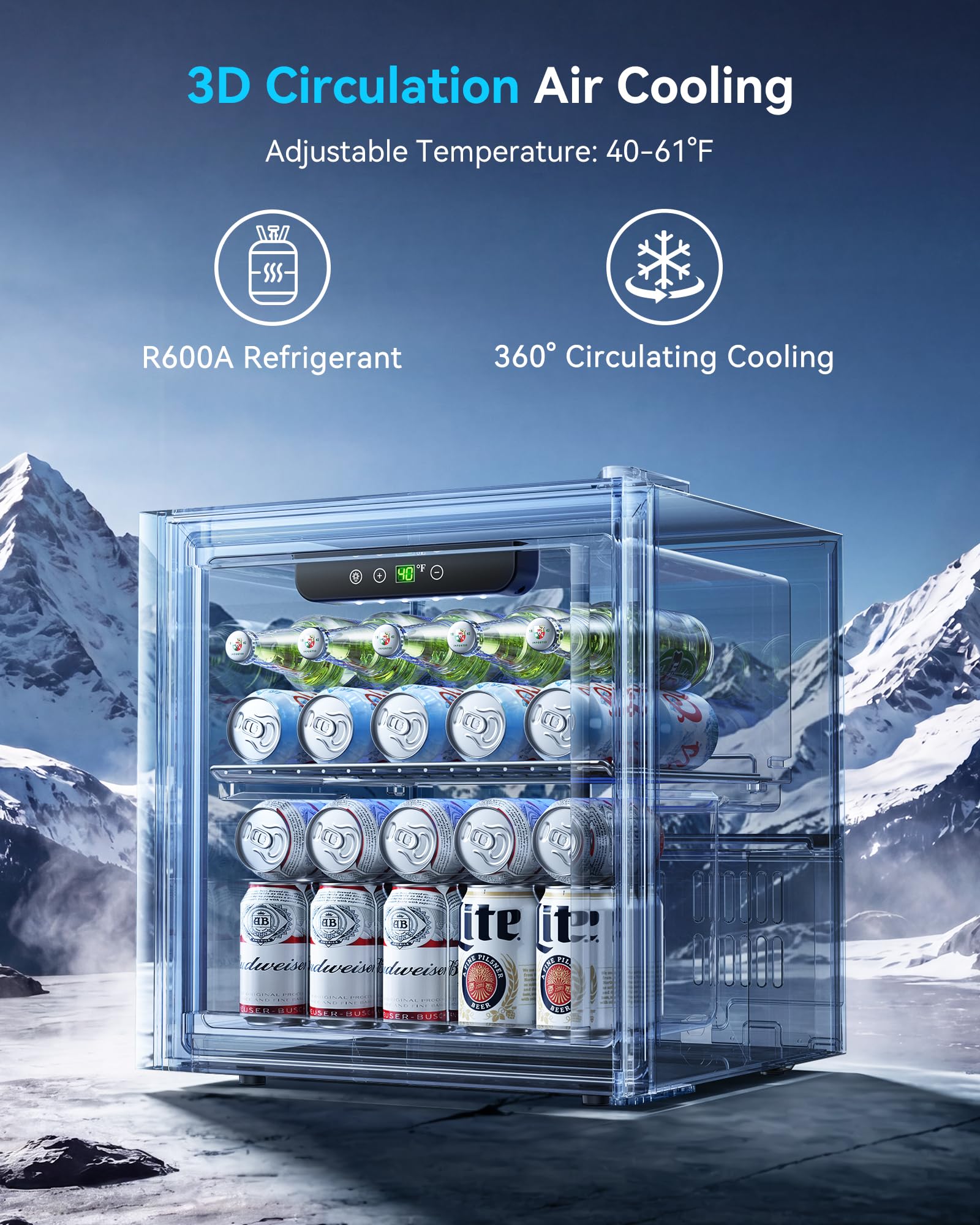 Feelfunn 50 Can Beverage Refrigerator Cooler - 1.3 Cu.Ft Mini Fridge with Glass Door, Soda Beer Drink Wine Fridge, Countertop Small Refrigerator for Bedroom Office Home Dorm Bar, Black