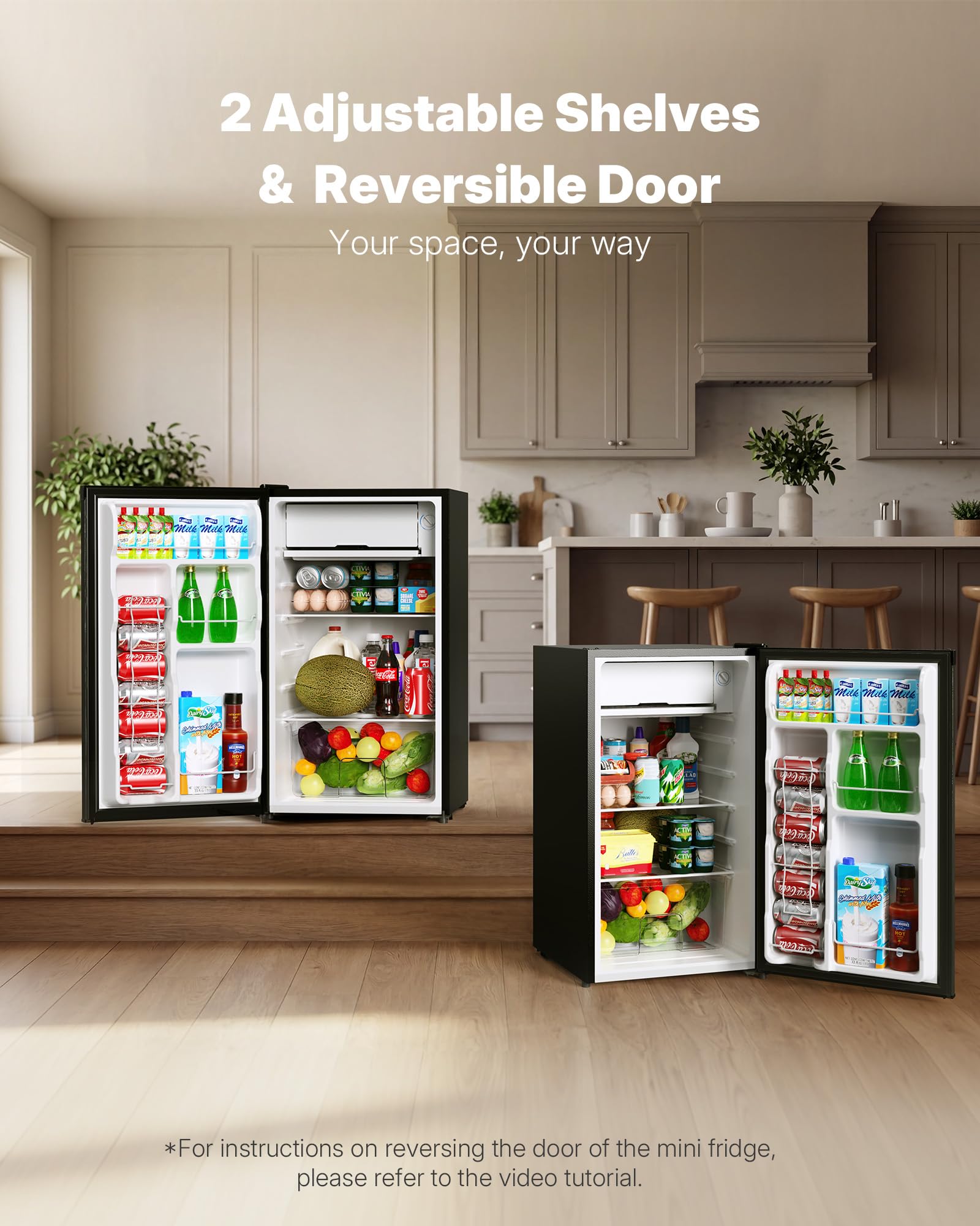 Upstreman 3.2 Cu.Ft Mini Fridge with Freezer, Quiet Efficient Small Fridge, Compact Refrigerator with Adjustable Thermostat, for Dorm, Bedroom, Office, Black-BR321
