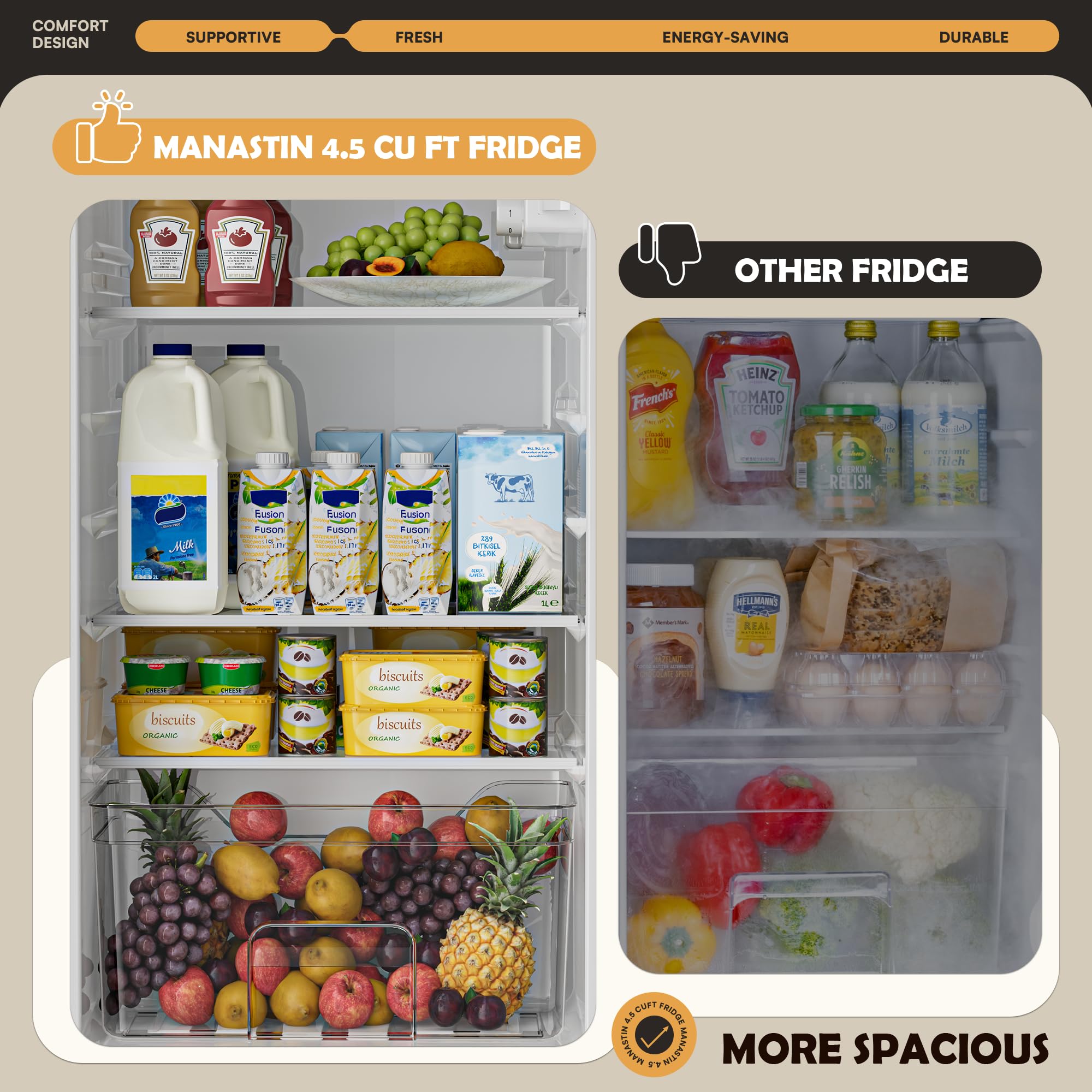 Manastin 4.5 Cu.Ft Mini Fridge with Freezer, 2-Door Small Fridge with 7-Level Thermostat & Shelves, Quiet Mini Refrigerator for Kitchen, Office & Dorm (Silver)
