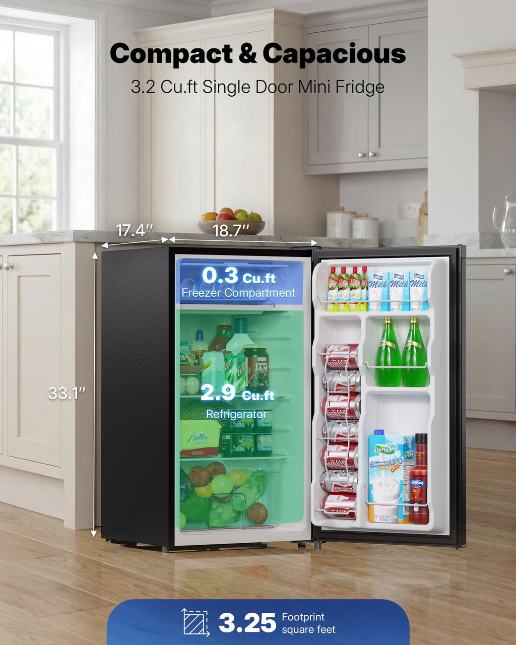 Upstreman 3.2 Cu.Ft Mini Fridge with Freezer, Quiet Efficient Small Fridge, Compact Refrigerator with Adjustable Thermostat, for Dorm, Bedroom, Office, Black-BR321