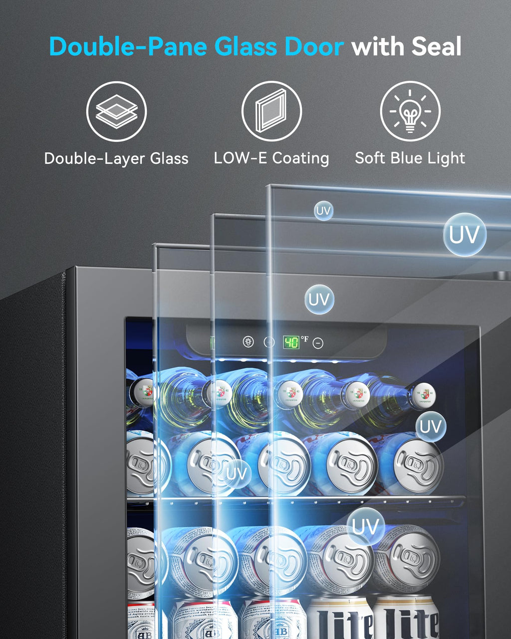 Feelfunn 50 Can Beverage Refrigerator Cooler - 1.3 Cu.Ft Mini Fridge with Glass Door, Soda Beer Drink Wine Fridge, Countertop Small Refrigerator for Bedroom Office Home Dorm Bar, Black