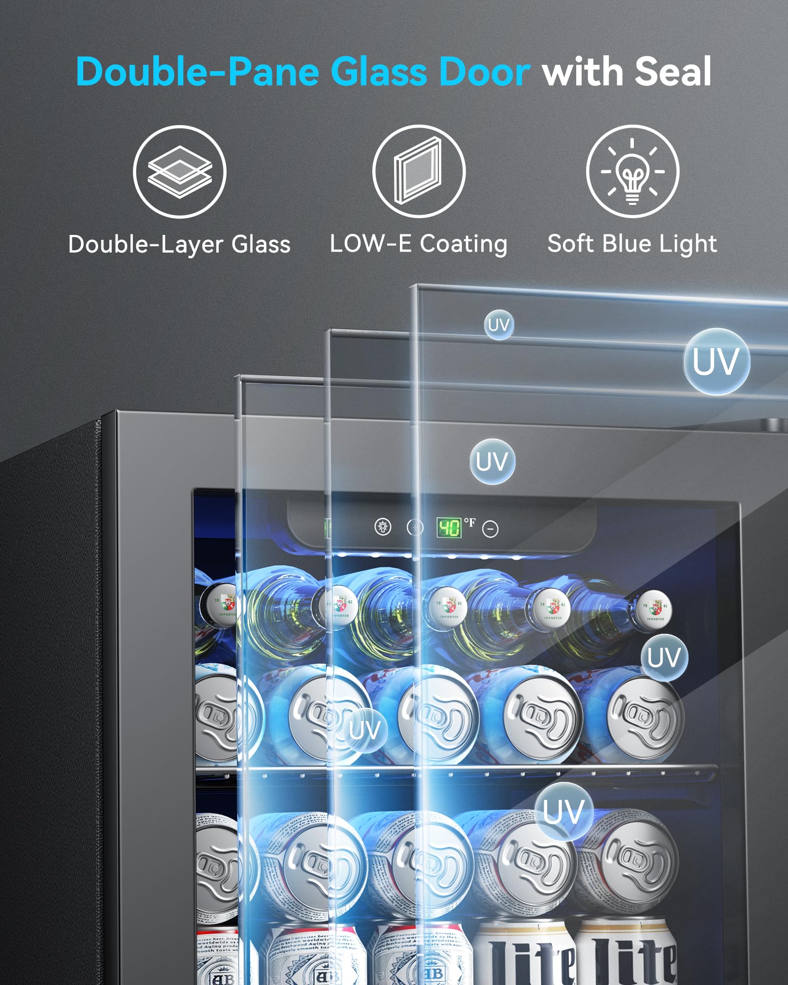 Feelfunn 50 Can Beverage Refrigerator Cooler - 1.3 Cu.Ft Mini Fridge with Glass Door, Soda Beer Drink Wine Fridge, Countertop Small Refrigerator for Bedroom Office Home Dorm Bar, Black