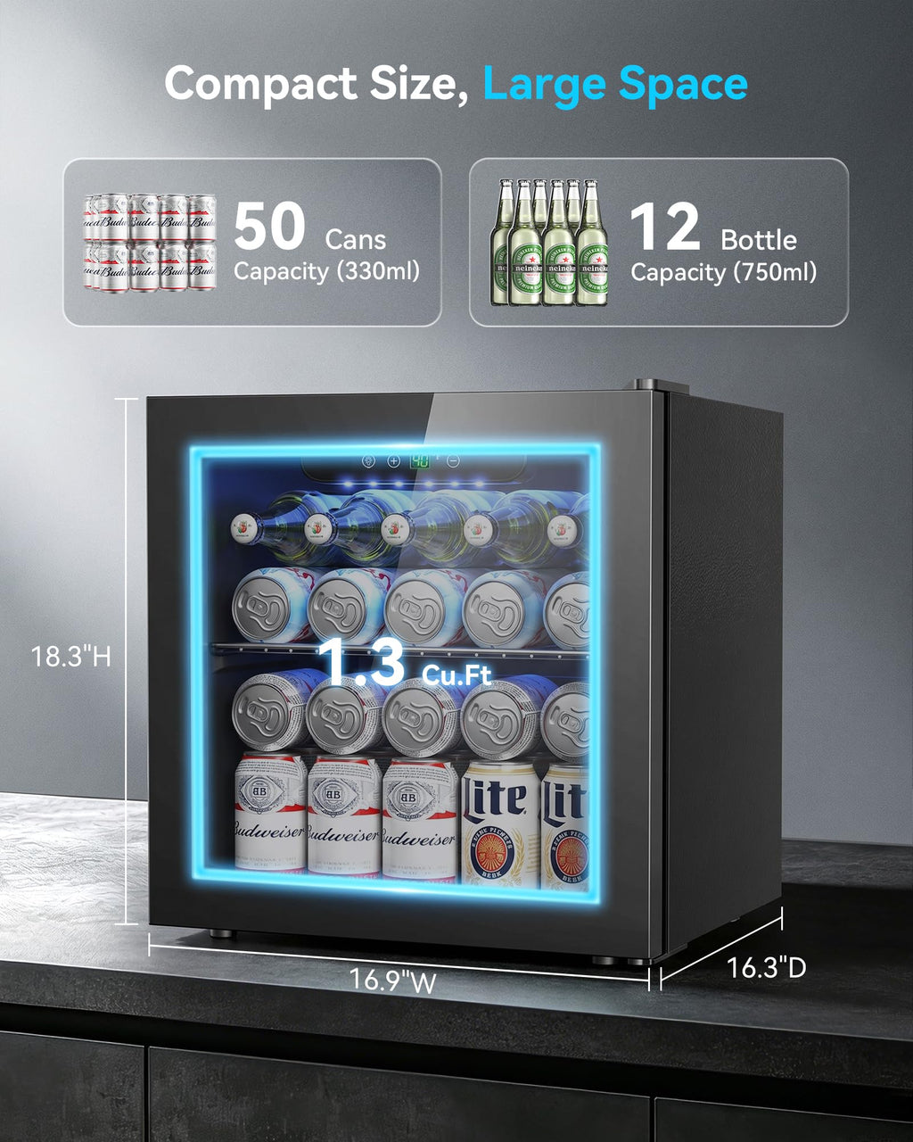 Feelfunn 50 Can Beverage Refrigerator Cooler - 1.3 Cu.Ft Mini Fridge with Glass Door, Soda Beer Drink Wine Fridge, Countertop Small Refrigerator for Bedroom Office Home Dorm Bar, Black