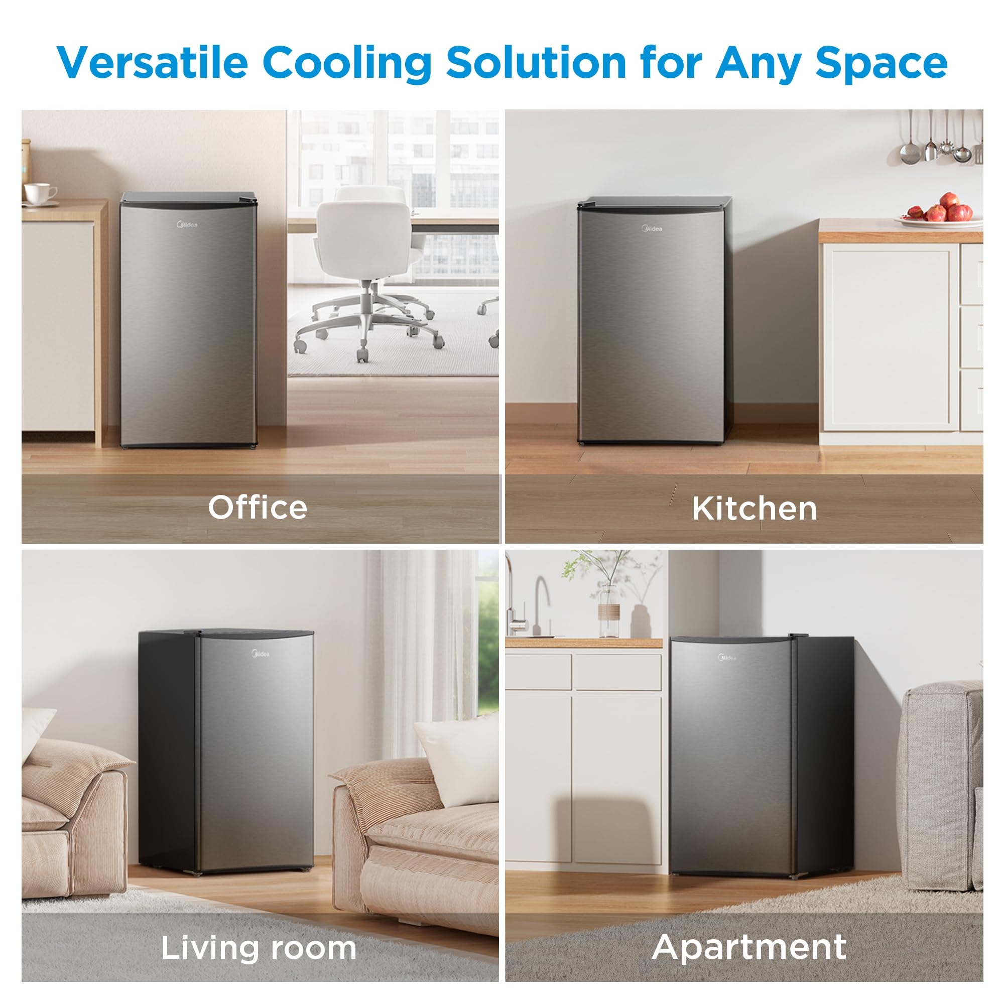 Midea MERM33S1AST Mini Fridge, 3.3 Cu.ft Compact Fridge with Internal Light, Adjustable Thermostat, Reversible Door, Low Noise for Dorm, Office, Bedroom, Stainless Steel
