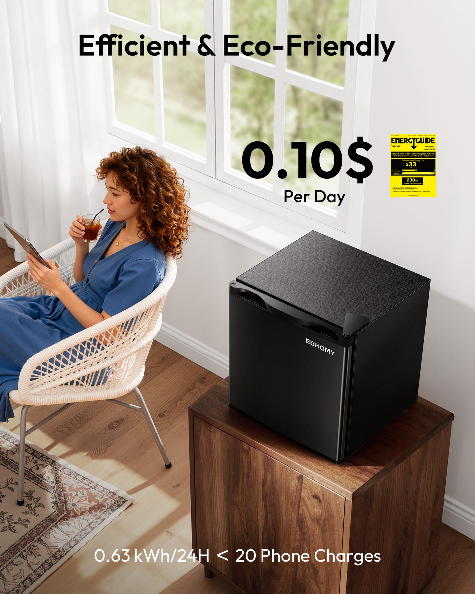 EUHOMY 1.7 Cu.Ft Mini Fridge, Reversible Single Door Compact Refrigerator, Adjustable Thermostat, Energy Saving, Mini Fridge for Bedroom, Office, Dorm, Black